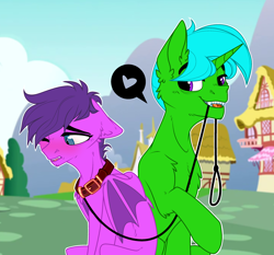 Size: 3158x2938 | Tagged: safe, artist:voronka, oc, oc:green byte, oc:melody bliss, bat pony, pony, unicorn, blushing, chest fluff, collar, commission, duo, ear fluff, female, high res, leash, male, mare, mouth hold, stallion, trans female, transgender, ych result