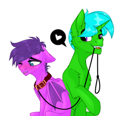 Size: 3158x2938 | Tagged: safe, alternate version, artist:voronka, oc, oc:green byte, oc:melody bliss, bat pony, pony, unicorn, background edit, blushing, chest fluff, collar, commission, duo, ear fluff, female, high res, leash, male, mare, mouth hold, stallion, trans female, transgender, ych result