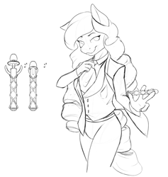 Size: 862x908 | Tagged: safe, artist:nudeknightart, oc, oc only, oc:time spinner, earth pony, anthro, big hair, clothes, doctor who, monochrome, sketch, solo, sonic screwdriver, suit
