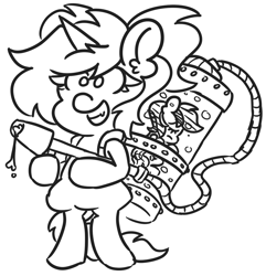 Size: 1015x1054 | Tagged: safe, artist:threetwotwo32232, pony, bipedal, fangs, gun, hose, smiling, solo, unconscious, water tank, watergun, weapon