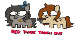 Size: 900x450 | Tagged: safe, artist:threetwotwo32232, oc, oc only, oc:red stroke, oc:trash, earth pony, pegasus, pony, female, garbage day, gun, loss (meme), mare, simple background, squatpony, weapon