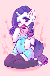 Size: 800x1200 | Tagged: safe, artist:valeria_fills, rarity, unicorn, semi-anthro, g4, arm hooves, clothes, crying, digital art, female, hooves, horn, looking at you, mare, one eye closed, open mouth, simple background, solo, stockings, tail, thigh highs