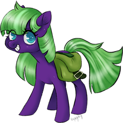 Size: 1560x1557 | Tagged: safe, artist:1eg, oc, oc only, oc:blue corn, earth pony, pony, bag, drawthread, female, looking at you, mare, purple, requested art, saddle bag, saturated, simple background, smiling, smiling at you, solo, transparent background