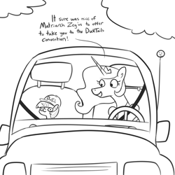Size: 6600x6600 | Tagged: safe, artist:tjpones, princess celestia, twilight sparkle, alicorn, pony, unicorn, g4, absurd resolution, baseball cap, black and white, cap, car, driving, ducktales, duo, female, filly, filly twilight sparkle, grayscale, hat, momlestia, monochrome, squatpony, twiggie, younger