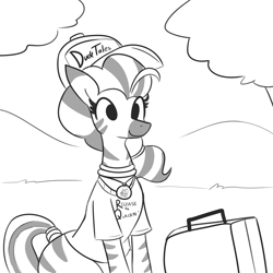 Size: 6600x6600 | Tagged: safe, artist:tjpones, oc, oc only, oc:matriarch zeg'us, pony, zebra, absurd resolution, baseball cap, black and white, cap, clothes, ducktales, fangirl, female, grayscale, hat, mare, monochrome, scrooge mcduck, shirt, solo, suitcase, t-shirt, zebra oc