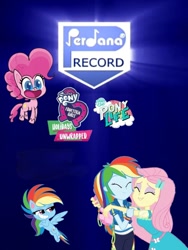 Size: 751x1000 | Tagged: safe, edit, edited screencap, screencap, fluttershy, pinkie pie, rainbow dash, human, pegasus, pony, dashing through the mall, equestria girls, equestria girls specials, g4, g4.5, my little pony equestria girls: better together, my little pony equestria girls: holidays unwrapped, my little pony: pony life, princess probz, calarts, crossed arms, eyes closed, hug, open mouth, perdana record, teeth