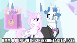 Size: 1280x720 | Tagged: safe, edit, edited screencap, screencap, fancypants, fleur-de-lis, pony, unicorn, g4, sweet and elite, caption, concave belly, female, image macro, male, mare, meme, slender, stallion, text, thin