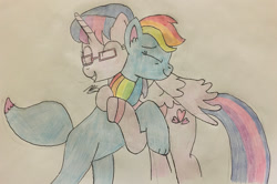 Size: 1280x852 | Tagged: safe, artist:didgereethebrony, oc, oc:hsu amity, oc:rainbow eevee, alicorn, earth pony, pony, glasses, hug, traditional art