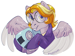 Size: 1024x768 | Tagged: safe, artist:pigeorgien, oc, oc only, oc:star trails, pegasus, pony, adorkable, clothes, colored wings, cute, dork, female, glasses, jacket, mare, multicolored mane, multicolored wings, ocbetes, radio, shirt, smiling, solo, suit, unshorn fetlocks, wings