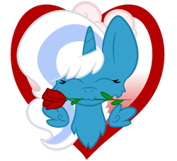 Size: 738x670 | Tagged: safe, artist:fallsplash, oc, oc only, oc:fleurbelle, alicorn, pony, :3, alicorn oc, bow, cheek fluff, chest fluff, eyes closed, female, flower, flower in mouth, hair bow, heart, horn, mare, mouth hold, rose, rose in mouth, simple background, solo, transparent background, wings