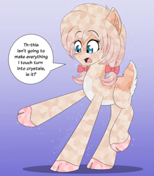 Size: 2900x3300 | Tagged: safe, alternate version, artist:aarondrawsarts, oc, oc only, oc:daisy cakes, crystal pony, deer, deer pony, original species, cloven hooves, commission, deer tail, dialogue, doe, female, high res, pale belly, raised hoof, surprised