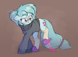 Size: 1600x1167 | Tagged: safe, artist:rexyseven, oc, oc only, oc:whispy slippers, earth pony, pony, blushing, clothes, female, food, glasses, gum, mare, slippers, socks, solo, sweater