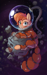 Size: 1060x1704 | Tagged: safe, artist:rexyseven, oc, oc only, oc:rusty gears, earth pony, pony, :o, asteroid, astronaut, female, freckles, helmet, heterochromia, looking at you, mare, open mouth, solo, space, spacesuit, tangible heavenly object, zero gravity