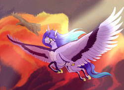 Size: 3600x2600 | Tagged: safe, artist:luna dave, oc, oc only, alicorn, bird, eagle, pony, alicorn oc, cloud, commission, female, flying, high res, horn, large wings, mare, realistic horse legs, realistic wings, sky, solo, wings, ych result