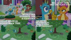 Size: 2000x1125 | Tagged: safe, edit, edited screencap, editor:quoterific, screencap, gallus, ocellus, sandbar, silverstream, smolder, yona, changeling, dragon, earth pony, griffon, hippogriff, pony, yak, g4, what lies beneath, book, eyes closed, female, flying, male, open mouth, school of friendship, student six, teeth, tree, trio