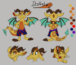 Size: 2500x2149 | Tagged: safe, artist:rileyboi, oc, oc only, oc:dryheat, dragon, clothes, dragon oc, gray background, high res, male, reference sheet, simple background, solo, swimming trunks, tongue out