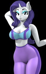 Size: 2500x4000 | Tagged: safe, artist:argos90, rarity, unicorn, anthro, plantigrade anthro, g4, 3d, arm behind head, black background, breasts, busty rarity, clothes, female, leggings, looking at you, rearity, simple background, solo, sports bra, tight clothing