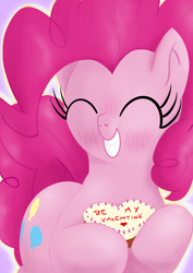 Size: 2480x3508 | Tagged: safe, artist:eels, pinkie pie, earth pony, pony, g4, blushing, cake, food, grin, high res, holiday, smiling, solo, valentine, valentine's day