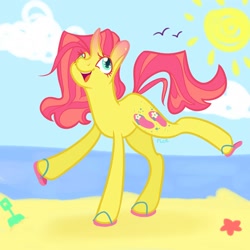 Size: 2000x2000 | Tagged: safe, alternate version, artist:riceflowers_art, flippity flop, pony, unicorn, beach, cherry, food, happy, high res, sandals, smiling, solo