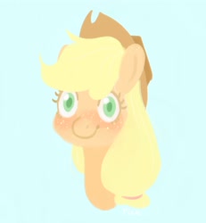 Size: 1941x2103 | Tagged: safe, artist:riceflowers_art, applejack, earth pony, pony, g4, blue background, bust, cowboy hat, female, hat, looking at you, mare, portrait, simple background, smiling, solo