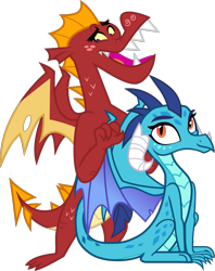 Size: 1295x1635 | Tagged: safe, alternate version, artist:melisareb, artist:sonofaskywalker, edit, garble, princess ember, dragon, g4, sweet and smoky, triple threat, .svg available, behaving like a bird, cute, dragoness, duo, emberbetes, female, freckles, gardorable, male, massage, ship:emble, shipping, simple background, sitting, smiling, straight, transparent background, vector