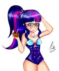 Size: 1000x1200 | Tagged: safe, artist:kulkry, sci-twi, twilight sparkle, equestria girls, g4, my little pony equestria girls: better together, blushing, clothes, coconut, food, human coloration, one-piece swimsuit, simple background, solo, swimsuit, white background