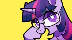 Size: 1920x1080 | Tagged: dead source, safe, artist:yaco, twilight sparkle, pony, g4, chest fluff, cute, female, glasses, mare, open mouth, raised hoof, simple background, solo, twiabetes, yellow background