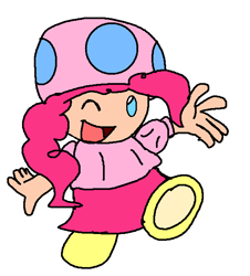 Size: 566x625 | Tagged: safe, artist:aso-designer, pinkie pie, earth pony, anthro, g4, blouse, clothes, cute, diapinkes, excited, female, happy, one eye closed, open mouth, shirt, shoes, simple background, skirt, super mario bros., toadette, toadified, white background, yellow shoes