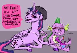 Size: 1142x796 | Tagged: safe, artist:necromarecy, spike, twilight sparkle, alicorn, dragon, pony, g4, beanie, bong, cloven hooves, dialogue, drugs, hat, high, highlight sparkle, laughing, marijuana, red eyes, smiling, twilight sparkle (alicorn)