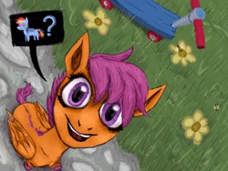 Size: 2048x1536 | Tagged: safe, artist:necromarecy, rainbow dash, scootaloo, bee, insect, pegasus, pony, g4, creepy, dialogue, flower, looking at you, looking up, offscreen character, overhead view, pictogram, pointy ponies, pov, scooter, scootobsession, smiling, solo