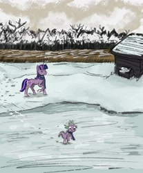 Size: 2439x2943 | Tagged: safe, artist:necromarecy, spike, twilight sparkle, dragon, pony, unicorn, g4, clothes, duo, high res, ice, scarf, scenery, smiling, snow, unicorn twilight