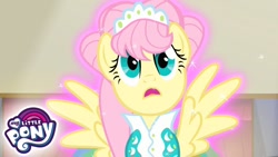 Size: 1280x720 | Tagged: safe, screencap, fluttershy, pony, g4, green isn't your color, clothes, dress, jewelry, my little pony logo, solo, tiara, youtube link, youtube thumbnail