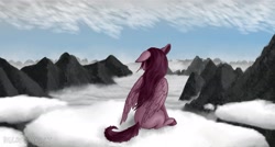 Size: 2440x1303 | Tagged: safe, artist:necromarecy, oc, oc only, pegasus, pony, cloud, mountain, mountain range, on a cloud, one ear down, rear view, scenery, sitting, sitting on a cloud, solo