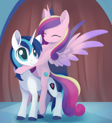 Size: 1604x1767 | Tagged: safe, artist:dusthiel, princess cadance, shining armor, alicorn, pony, unicorn, g4, cadance riding shining armor, cute, cutedance, duo, duo male and female, eyes closed, female, horn, male, mare, ponies riding ponies, riding, shining adorable, ship:shiningcadance, shipping, smiling, spread wings, stallion, straight, wings