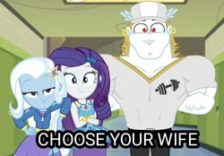 Size: 1084x755 | Tagged: safe, edit, edited screencap, screencap, bulk biceps, rarity, trixie, human, equestria girls, g4, my little pony equestria girls: choose your own ending, sock it to me, bracelet, canterlot high, choose your wife, clothes, female, geode of shielding, hallway, hat, hoodie, jewelry, lockers, looking at you, magical geodes, male, one of these things is not like the others, teenager, trio, vein