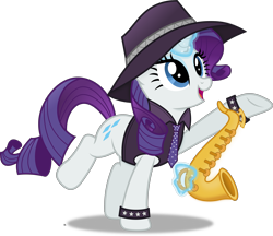 Size: 4473x3861 | Tagged: safe, artist:anime-equestria, rarity, pony, unicorn, g4, clothes, female, glowing horn, happy, hat, horn, jazz, levitation, magic, magic aura, musical instrument, necktie, open mouth, saxophone, shirt, simple background, solo, telekinesis, transparent background, vector, wristband