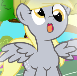 Size: 611x606 | Tagged: safe, artist:pyruvate, derpy hooves, pegasus, pony, comic:dragon queen, g4, cute, derp, derpabetes, front view, looking up, reaction image, solo, spread wings, wings