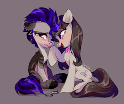 Size: 3445x2894 | Tagged: safe, artist:shore2020, octavia melody, oc, earth pony, pony, g4, blushing, bowtie, canon x oc, comforting, crying, ear piercing, earring, female, glasses, gray background, high res, jewelry, lesbian, mare, markings, one eye closed, piercing, raised hoof, sad, simple background, sitting, smiling
