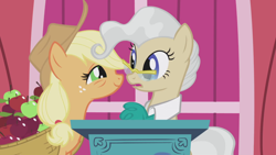 Size: 1920x1080 | Tagged: safe, screencap, applejack, mayor mare, earth pony, pony, applebuck season, g4, season 1, apple, applejack's hat, bags under eyes, basket, beauteous, cowboy hat, double, duo, duo female, female, food, glasses, hat, lidded eyes, mare, open mouth, out of context, podium