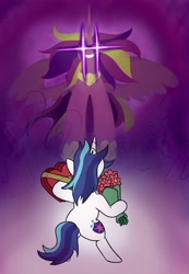 Size: 1420x2048 | Tagged: safe, artist:jargon scott, part of a set, princess cadance, shining armor, alicorn, pony, unicorn, g4, beautiful, bipedal, boss battle, chocolate, female, flower, food, glowing eyes, holiday, majestic, male, princess of love, rose, ship:shiningcadance, shipping, stallion, straight, this is my final form, this will end in love and/or pain, this will end in snu snu, valentine's day