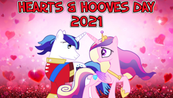 Size: 2064x1161 | Tagged: safe, anonymous artist, princess cadance, shining armor, alicorn, pony, unicorn, g4, 2021, duo, female, hearts and hooves day, holiday, husband and wife, looking at each other, love is in bloom, lyrics in the description, male, ship:shiningcadance, shipping, straight, valentine's day, youtube link in the description