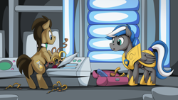 Size: 2560x1440 | Tagged: safe, artist:mysticalpha, doctor whooves, time turner, oc, oc:cloud zapper, earth pony, pegasus, pony, g4, armor, crossover, doctor who, male, pegasus oc, royal guard, royal guard armor, royal guard oc, stallion, tardis, tardis console room, tardis control room, the doctor