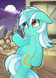 Size: 2300x3200 | Tagged: safe, artist:rivin177, lyra heartstrings, pony, unicorn, g4, belly, cloud, cloudy, female, floppy ears, high res, mare, meme, moonlight, night, ponyville, sad, shipping, sitting, sitting lyra, solo