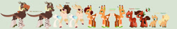 Size: 1920x323 | Tagged: safe, artist:kyper-space, oc, oc only, oc:all hallow's eve, oc:caramel popcorn, oc:cayenne pepper, oc:choco peach pie, oc:jackalope jamboree, earth pony, hybrid, pony, base used, green background, interspecies offspring, magical gay spawn, magical threesome spawn, offspring, parent:big macintosh, parent:cheese sandwich, parent:discord, siblings, simple background