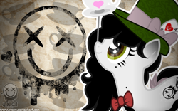 Size: 1600x1000 | Tagged: safe, artist:amgiwolf, oc, oc only, oc:amgi, earth pony, pony, balancing, bowtie, card, cup, earth pony oc, eyelashes, female, hat, looking up, mare, solo, teacup, top hat