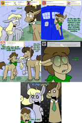 Size: 1502x2254 | Tagged: safe, artist:unrulyheartz, derpy hooves, doctor whooves, time turner, oc, oc:tantamount, changeling, earth pony, pegasus, pony, lovestruck derpy, tantamount time turner, g4, blue eyes, changeling oc, crossover, disguise, disguised changeling, doctor who, earth pony oc, eyes open, female, green sclera, male, male oc, mare, pony oc, stallion, tardis, the doctor