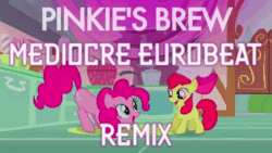 Size: 1920x1080 | Tagged: safe, edit, edited screencap, screencap, apple bloom, pinkie pie, earth pony, pony, friendship is witchcraft, pinkie's brew, call of the cutie, g4, animated, bow, chef's hat, duo, duo female, eurobeat, female, hat, music, open mouth, remix, sound, sugarcube corner, webm