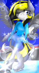 Size: 1000x1839 | Tagged: safe, alternate version, artist:juliet-gwolf18, oc, oc:juliet, alicorn, anthro, alicorn oc, clothes, colored, eyelashes, female, gloves, horn, ice skates, one eye closed, simple background, skirt, transparent background, wings, wink