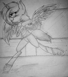 Size: 881x992 | Tagged: safe, artist:juliet-gwolf18, oc, oc only, oc:sketchy, alicorn, anthro, unguligrade anthro, alicorn oc, blushing, clothes, female, glasses, grayscale, grin, horn, ice skates, ice skating, monochrome, smiling, solo, traditional art, wings