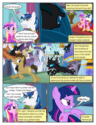 Size: 612x792 | Tagged: safe, artist:newbiespud, edit, edited screencap, screencap, doctor whooves, princess cadance, queen chrysalis, shining armor, time turner, twilight sparkle, alicorn, changeling, changeling queen, pony, unicorn, comic:friendship is dragons, a canterlot wedding, g4, season 2, building, clothes, comic, dialogue, eyes closed, fangs, female, grin, hoof shoes, horn, laughing, male, mare, messy mane, open mouth, outdoors, peytral, raised hoof, running, screencap comic, smiling, stallion, unicorn twilight, wings